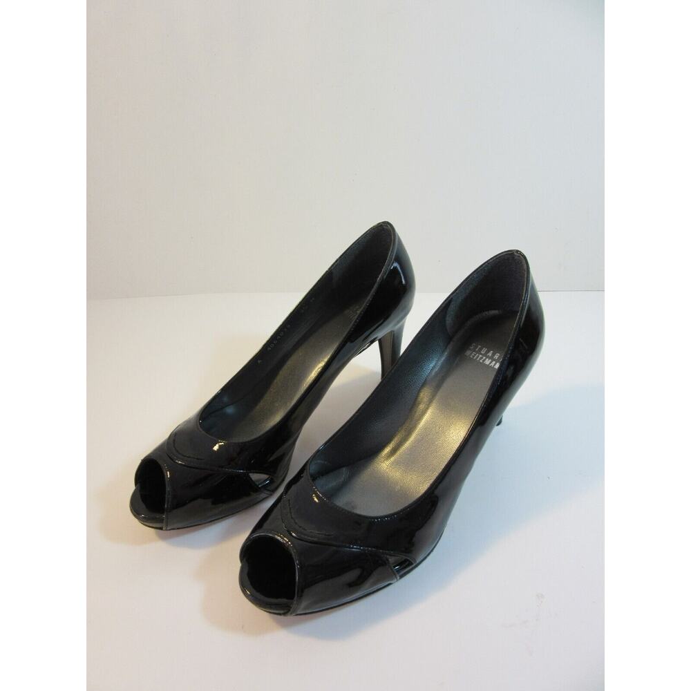 STUART WEITZMAN Black Patent Leather 9 1/2 Peep Toe Stacked Heel Platform Heels